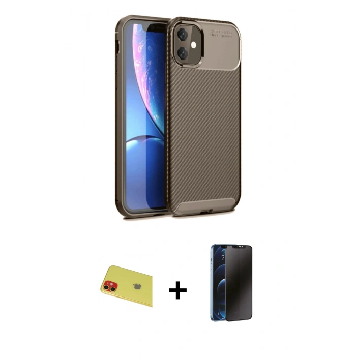 MARSİLYAN™- iPhone 11 Kılıf Eksen Form Prime - Siyah 3D Antistatik Hayalet Cam Ekran Koruyucu + Rainbow Kamera Lens Koruma Cam - KI