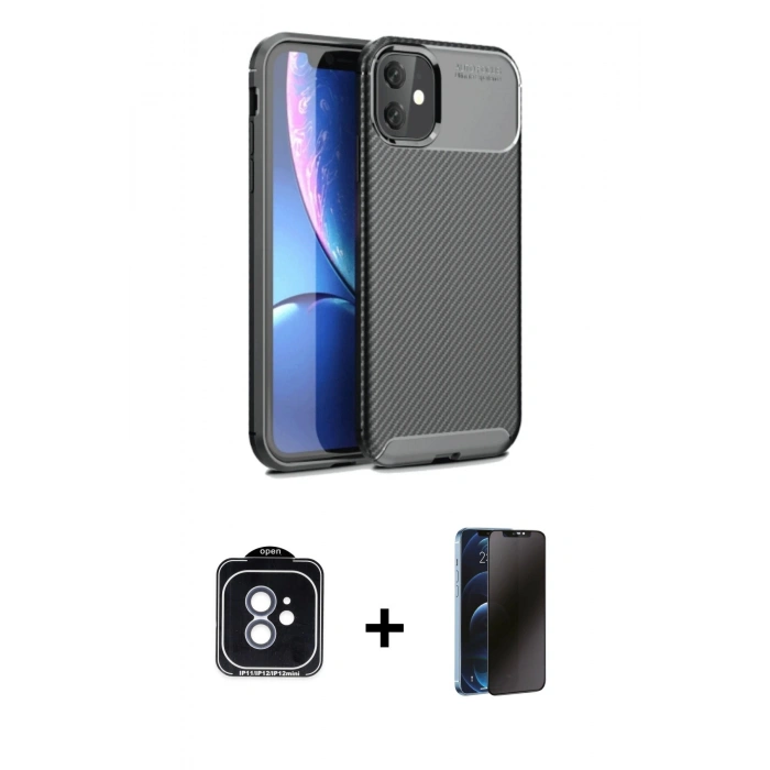 MARSİLYAN™- iPhone 11 Kılıf Eksen Form Prime - Siyah 3D Antistatik Hayalet Cam Ekran Koruyucu + PVD Metal Kamera Lens - MI