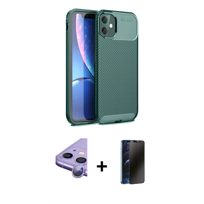 MARSİLYAN™- iPhone 11 Kılıf Eksen Form Prime - Siyah 3D Antistatik Hayalet Cam Ekran Koruyucu + Raze Metal Kamera Lens - MR
