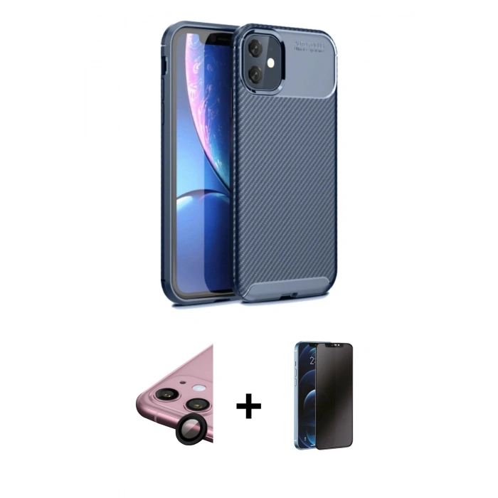 MARSİLYAN™- iPhone 11 Kılıf Eksen Form Prime - Siyah 3D Antistatik Hayalet Cam Ekran Koruyucu + Raze Metal Kamera Lens - SH
