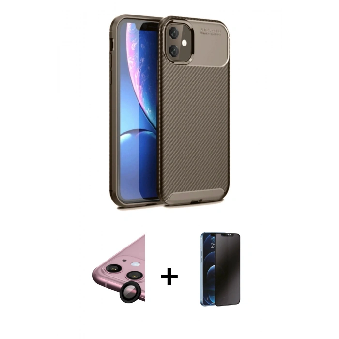 MARSİLYAN™- iPhone 11 Kılıf Eksen Form Prime - Siyah 3D Antistatik Hayalet Cam Ekran Koruyucu + Raze Metal Kamera Lens - SH