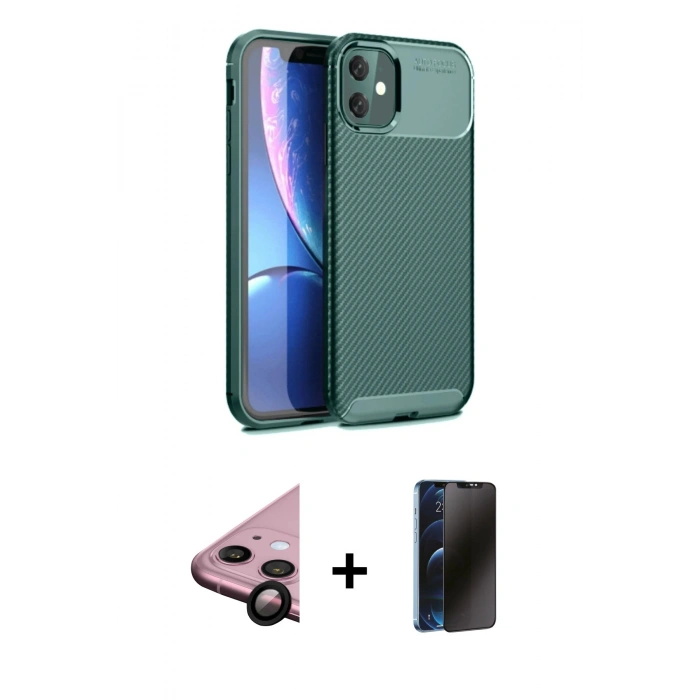 MARSİLYAN™- iPhone 11 Kılıf Eksen Form Prime - Siyah 3D Antistatik Hayalet Cam Ekran Koruyucu + Raze Metal Kamera Lens - SH