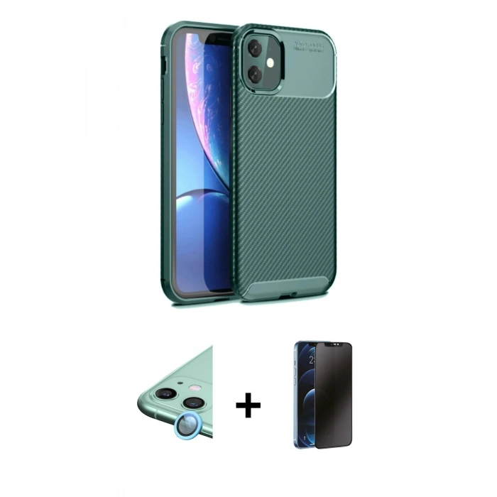 MARSİLYAN™- iPhone 11 Kılıf Eksen Form Prime - Siyah 3D Antistatik Hayalet Cam Ekran Koruyucu + Raze Metal Kamera Lens - MI