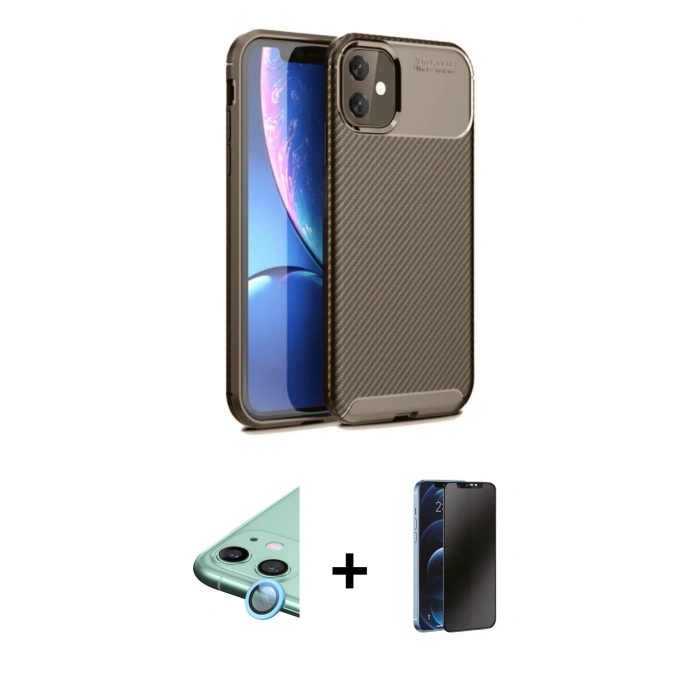 MARSİLYAN™- iPhone 11 Kılıf Eksen Form Prime - Siyah 3D Antistatik Hayalet Cam Ekran Koruyucu + Raze Metal Kamera Lens - MI