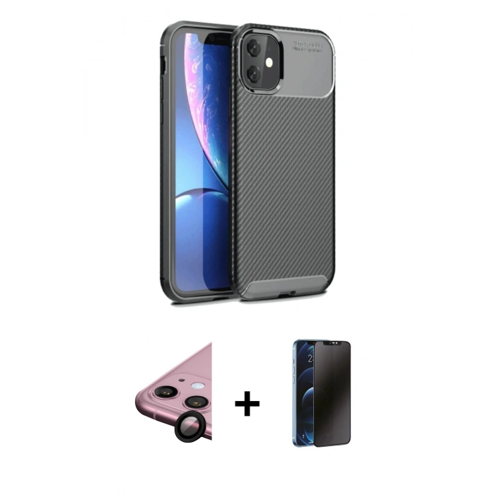 MARSİLYAN™- iPhone 11 Kılıf Eksen Form Prime - Siyah 3D Antistatik Hayalet Cam Ekran Koruyucu + Raze Metal Kamera Lens - SH