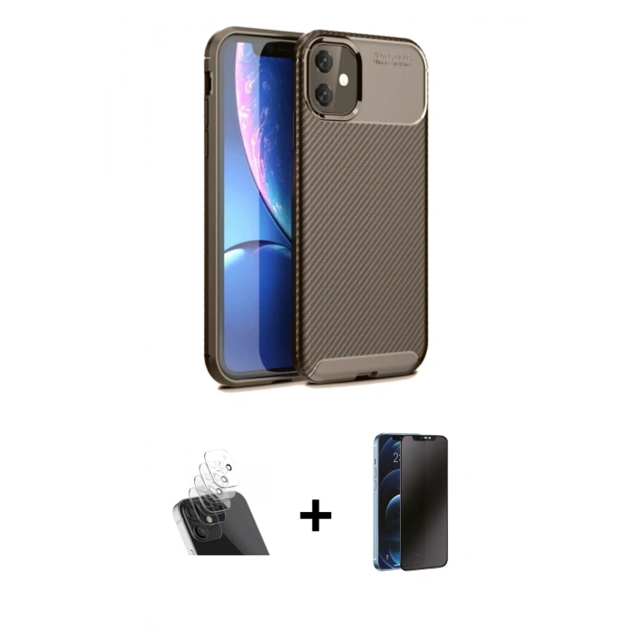 MARSİLYAN™- iPhone 11 Kılıf Eksen Form Prime - Siyah 3D Antistatik Hayalet Cam Ekran Koruyucu + Şeffaf Kamera Lens Koruma Cam