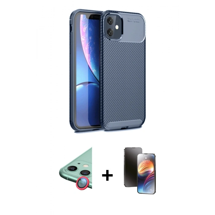 MARSİLYAN™- iPhone 11 Kılıf Eksen Form Prime - Siyah 3D Antistatik Mat Seramik Nano Ekran Koruyucu + Raze Metal Kamera Lens - KI