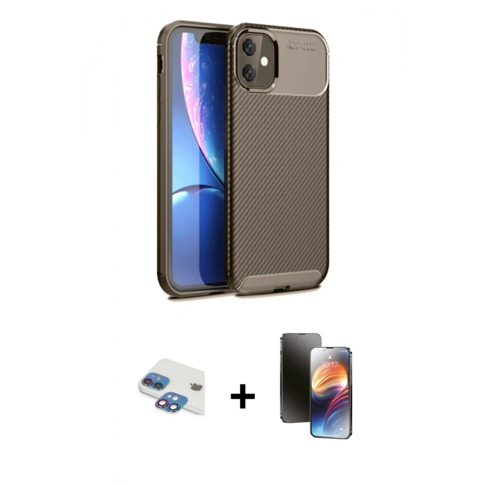 MARSİLYAN™- iPhone 11 Kılıf Eksen Form Prime - Siyah 3D Antistatik Mat Seramik Nano Ekran Koruyucu + Pers Alüminyum Kamera Lens - GI