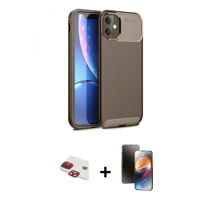 MARSİLYAN™- iPhone 11 Kılıf Eksen Form Prime - Siyah 3D Antistatik Mat Seramik Nano Ekran Koruyucu + Pers Alüminyum Kamera Lens - KI