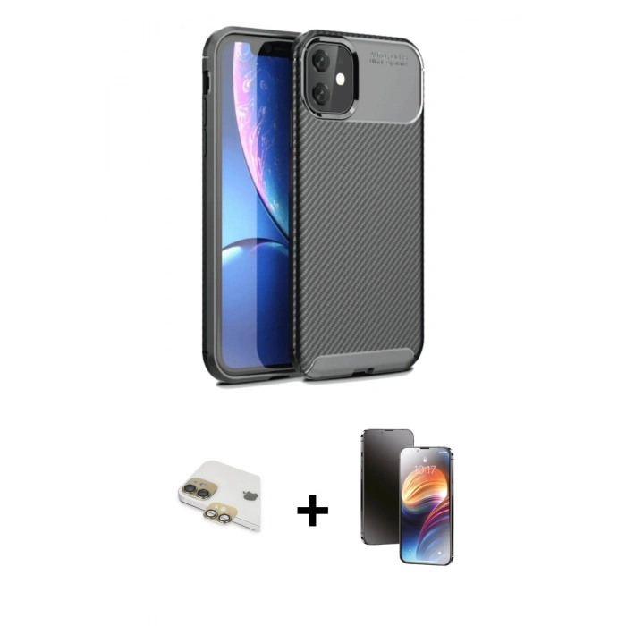 MARSİLYAN™- iPhone 11 Kılıf Eksen Form Prime - Siyah 3D Antistatik Mat Seramik Nano Ekran Koruyucu + Pers Alüminyum Kamera Lens - GD