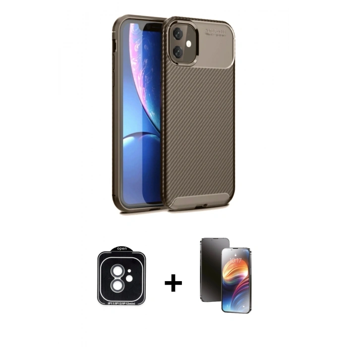 MARSİLYAN™- iPhone 11 Kılıf Eksen Form Prime - Siyah 3D Antistatik Mat Seramik Nano Ekran Koruyucu + PVD Metal Kamera Lens - YL