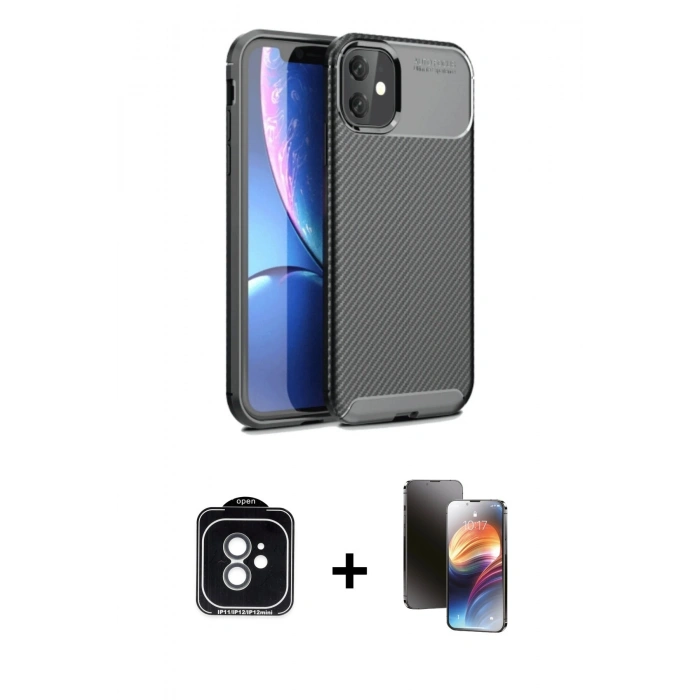 MARSİLYAN™- iPhone 11 Kılıf Eksen Form Prime - Siyah 3D Antistatik Mat Seramik Nano Ekran Koruyucu + PVD Metal Kamera Lens - YL