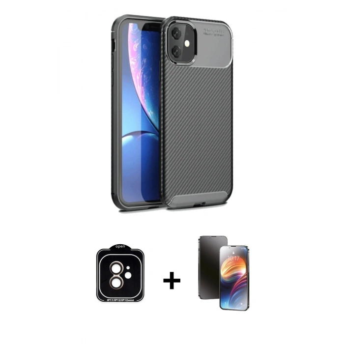 MARSİLYAN™- iPhone 11 Kılıf Eksen Form Prime - Siyah 3D Antistatik Mat Seramik Nano Ekran Koruyucu + PVD Metal Kamera Lens - TU