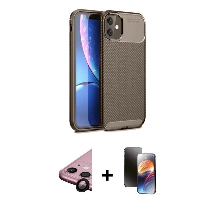 MARSİLYAN™- iPhone 11 Kılıf Eksen Form Prime - Siyah 3D Antistatik Mat Seramik Nano Ekran Koruyucu + Raze Metal Kamera Lens - SH