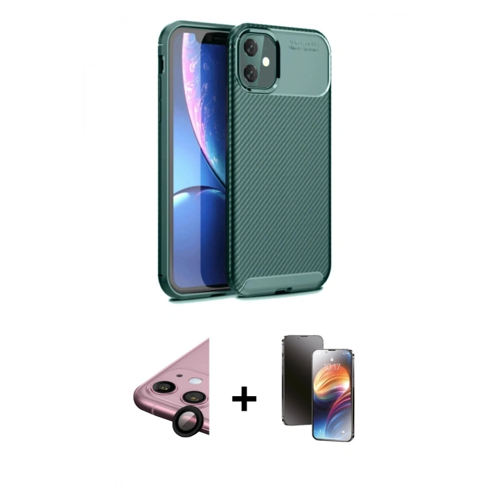 MARSİLYAN™- iPhone 11 Kılıf Eksen Form Prime - Siyah 3D Antistatik Mat Seramik Nano Ekran Koruyucu + Raze Metal Kamera Lens - SH