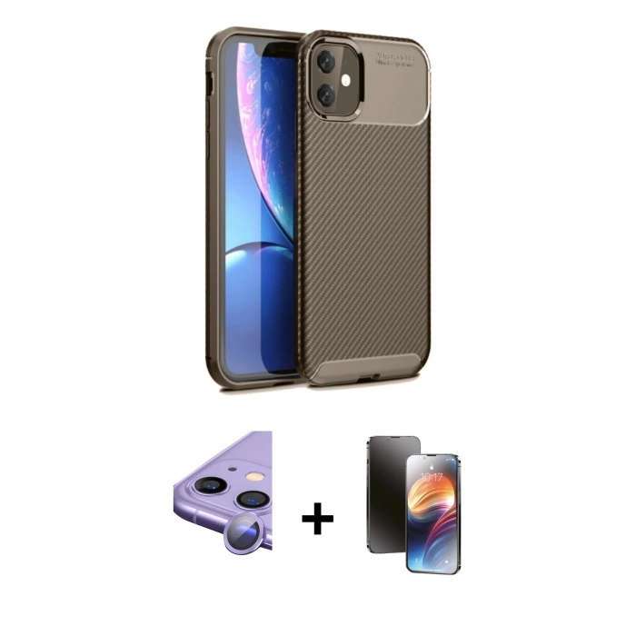 MARSİLYAN™- iPhone 11 Kılıf Eksen Form Prime - Siyah 3D Antistatik Mat Seramik Nano Ekran Koruyucu + Raze Metal Kamera Lens - MR
