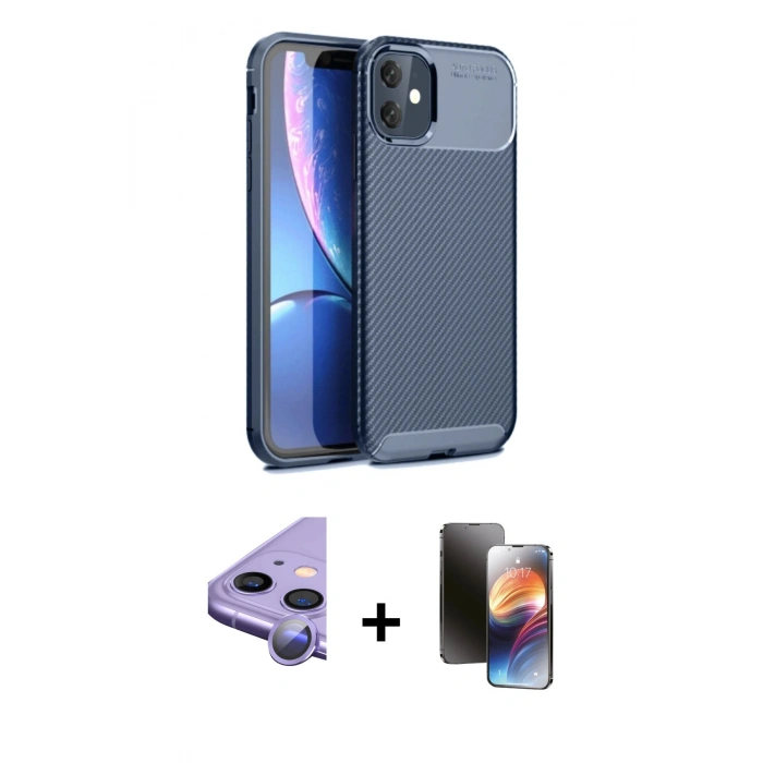 MARSİLYAN™- iPhone 11 Kılıf Eksen Form Prime - Siyah 3D Antistatik Mat Seramik Nano Ekran Koruyucu + Raze Metal Kamera Lens - MR