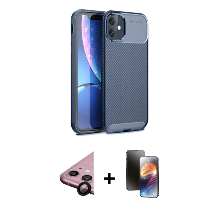 MARSİLYAN™- iPhone 11 Kılıf Eksen Form Prime - Siyah 3D Antistatik Mat Seramik Nano Ekran Koruyucu + Raze Metal Kamera Lens - SH