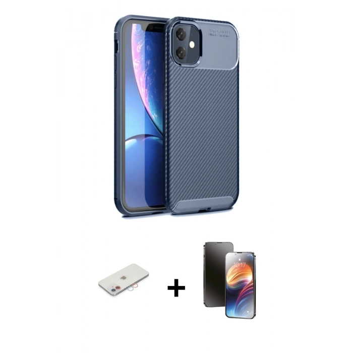 MARSİLYAN™- iPhone 11 Kılıf Eksen Form Prime - Siyah 3D Antistatik Mat Seramik Nano Ekran Koruyucu + Renkli Kamera Lens Koruma Cam - PE