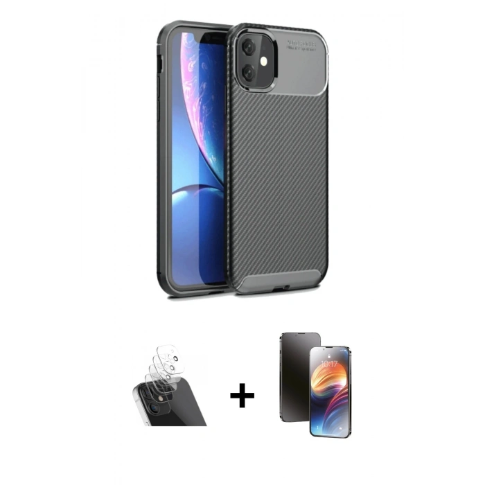 MARSİLYAN™- iPhone 11 Kılıf Eksen Form Prime - Siyah 3D Antistatik Mat Seramik Nano Ekran Koruyucu + Şeffaf Kamera Lens Koruma Cam