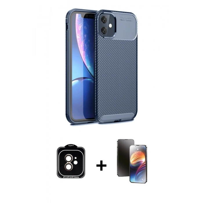 MARSİLYAN™- iPhone 11 Kılıf Eksen Form Prime - Siyah 3D Antistatik Mat Seramik Nano Ekran Koruyucu + PVD Metal Kamera Lens - TU