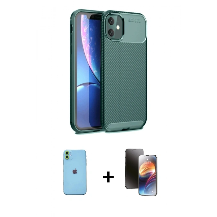 MARSİLYAN™- iPhone 11 Kılıf Eksen Form Prime - Siyah 3D Antistatik Mat Seramik Nano Ekran Koruyucu + Neon Fosforlu Kamera Lens - YL
