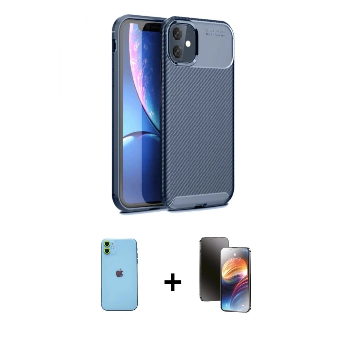 MARSİLYAN™- iPhone 11 Kılıf Eksen Form Prime - Siyah 3D Antistatik Mat Seramik Nano Ekran Koruyucu + Neon Fosforlu Kamera Lens - YL