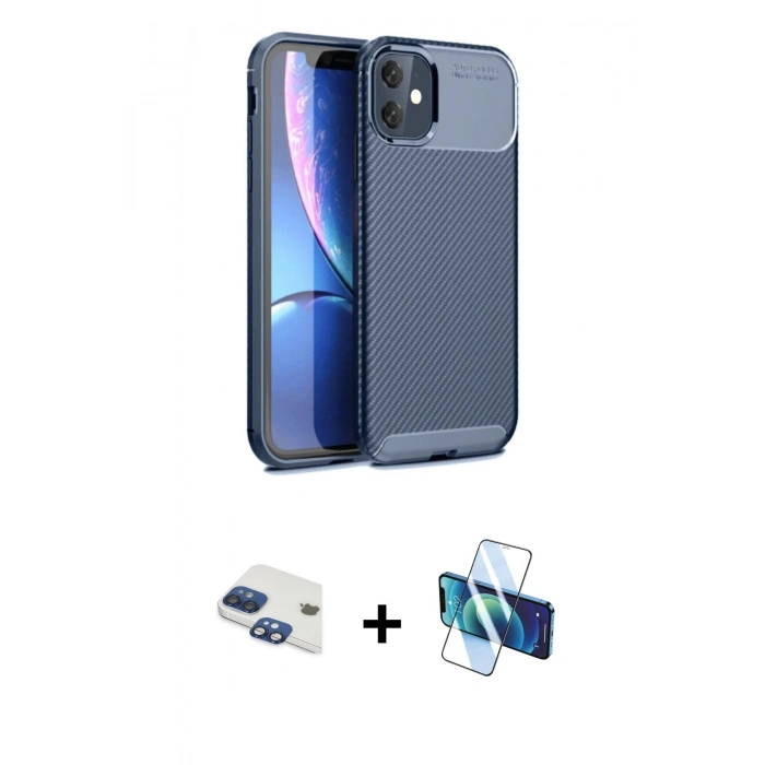 MARSİLYAN™- iPhone 11 Kılıf Eksen Form Prime - Siyah 3D Antistatik Seramik Nano Ekran Koruyucu + Pers Alüminyum Kamera Lens - LT