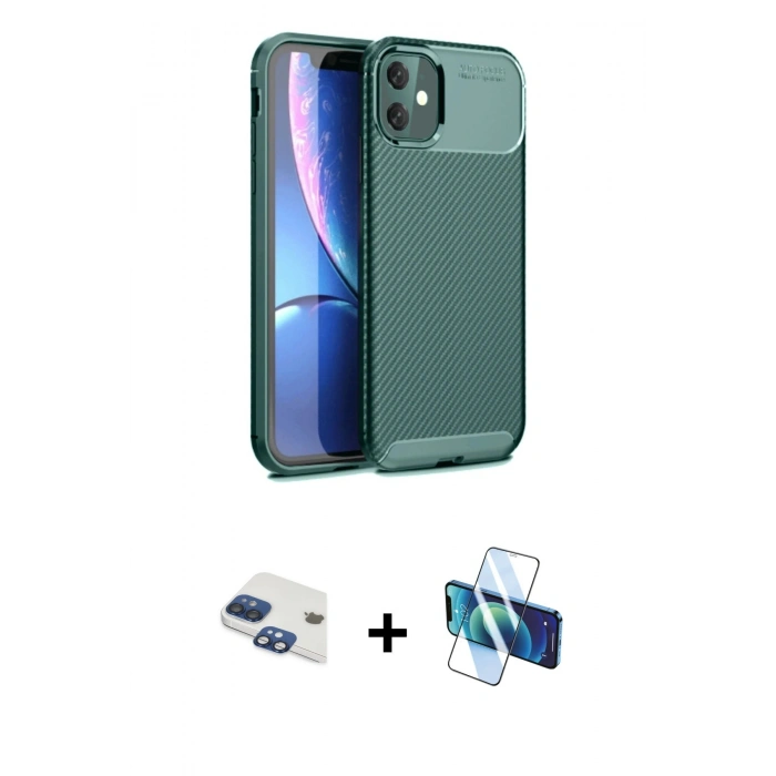 MARSİLYAN™- iPhone 11 Kılıf Eksen Form Prime - Siyah 3D Antistatik Seramik Nano Ekran Koruyucu + Pers Alüminyum Kamera Lens - LT