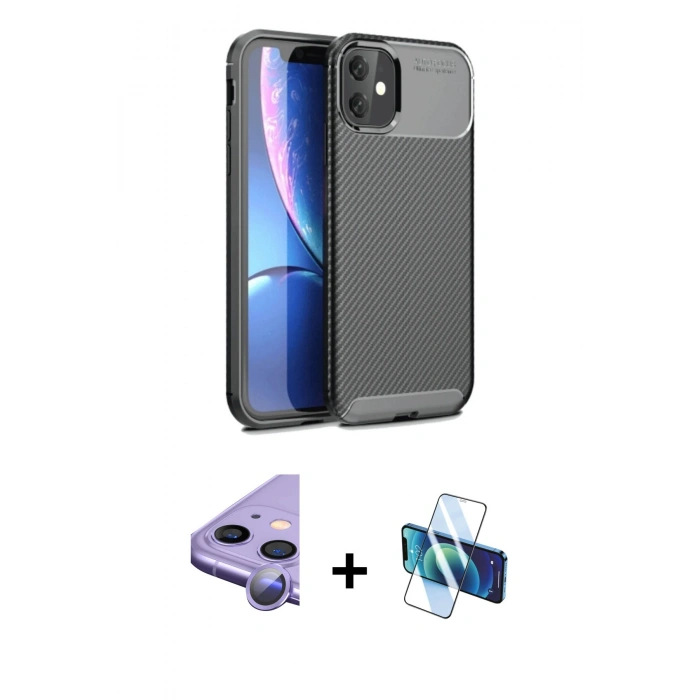 MARSİLYAN™- iPhone 11 Kılıf Eksen Form Prime - Siyah 3D Antistatik Seramik Nano Ekran Koruyucu + Raze Metal Kamera Lens - MR