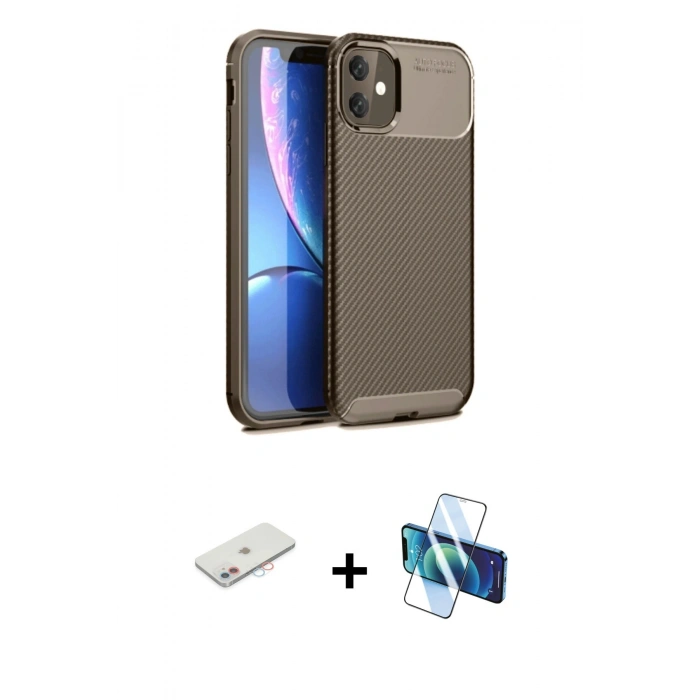 MARSİLYAN™- iPhone 11 Kılıf Eksen Form Prime - Siyah 3D Antistatik Seramik Nano Ekran Koruyucu + Renkli Kamera Lens Koruma Cam - PE
