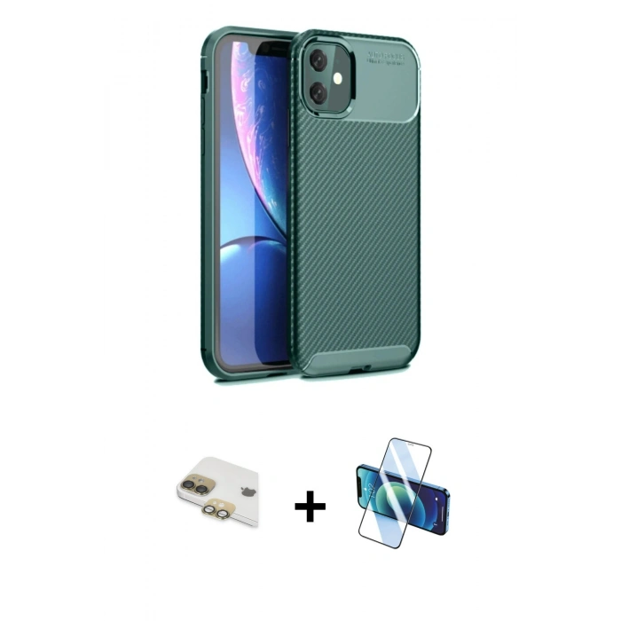 MARSİLYAN™- iPhone 11 Kılıf Eksen Form Prime - Siyah 3D Antistatik Seramik Nano Ekran Koruyucu + Pers Alüminyum Kamera Lens - GD