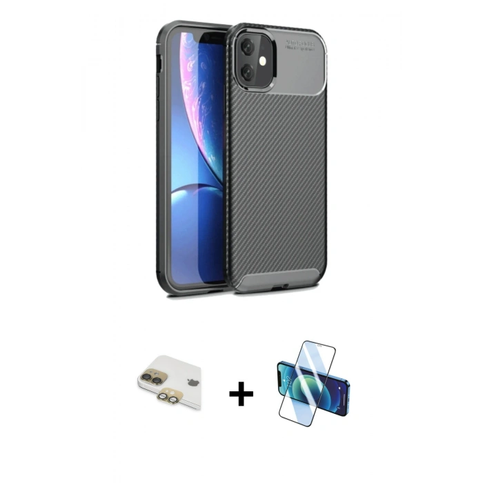 MARSİLYAN™- iPhone 11 Kılıf Eksen Form Prime - Siyah 3D Antistatik Seramik Nano Ekran Koruyucu + Pers Alüminyum Kamera Lens - GD