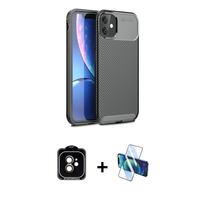 MARSİLYAN™- iPhone 11 Kılıf Eksen Form Prime - Siyah 3D Antistatik Seramik Nano Ekran Koruyucu + PVD Metal Kamera Lens - TU