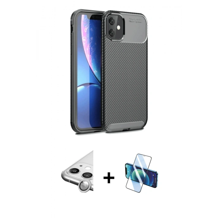 MARSİLYAN™- iPhone 11 Kılıf Eksen Form Prime - Siyah 3D Antistatik Seramik Nano Ekran Koruyucu + Raze Metal Kamera Lens - GS