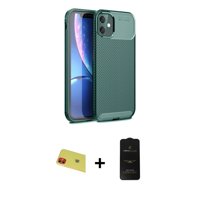 MARSİLYAN™- iPhone 11 Kılıf Eksen Form Prime - Siyah 6D Antistatik Mat Seramik Hayalet Nano Ekran Koruyucu + Kırmızı Rainbow Kamera Lens Koruma Cam