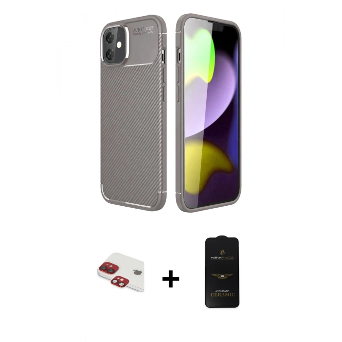 MARSİLYAN™- iPhone 11 Kılıf Eksen Form Prime - Siyah 6D Antistatik Mat Seramik Hayalet Nano Ekran Koruyucu + Pers Alüminyum Kamera Lens - KI