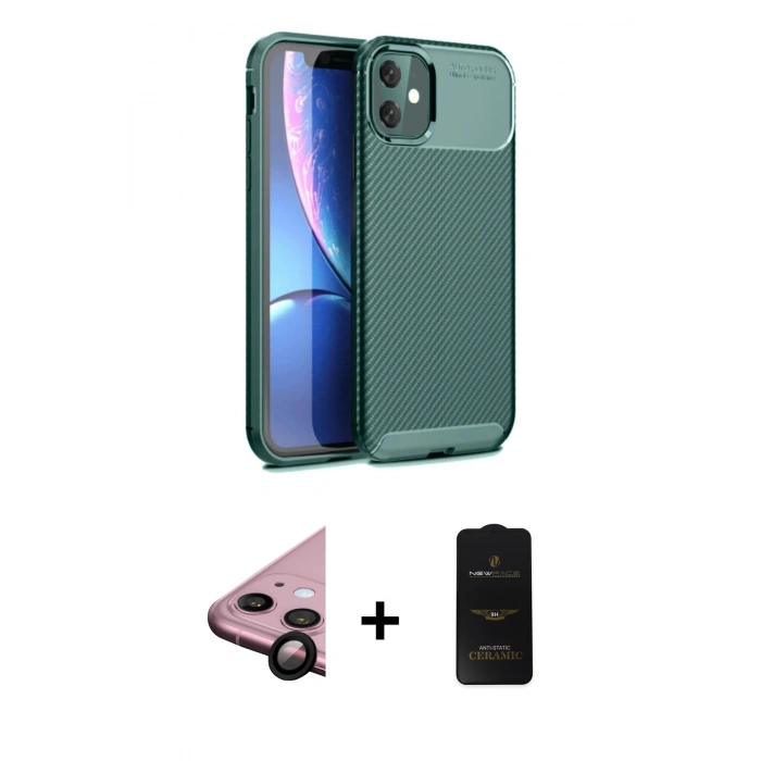 MARSİLYAN™- iPhone 11 Kılıf Eksen Form Prime - Siyah 6D Antistatik Mat Seramik Hayalet Nano Ekran Koruyucu + Raze Metal Kamera Lens - SH