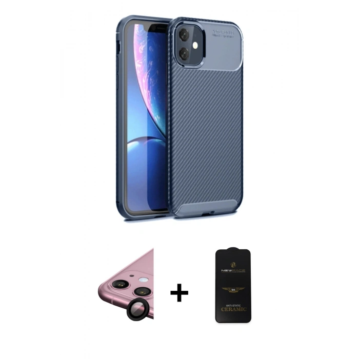 MARSİLYAN™- iPhone 11 Kılıf Eksen Form Prime - Siyah 6D Antistatik Mat Seramik Hayalet Nano Ekran Koruyucu + Raze Metal Kamera Lens - SH