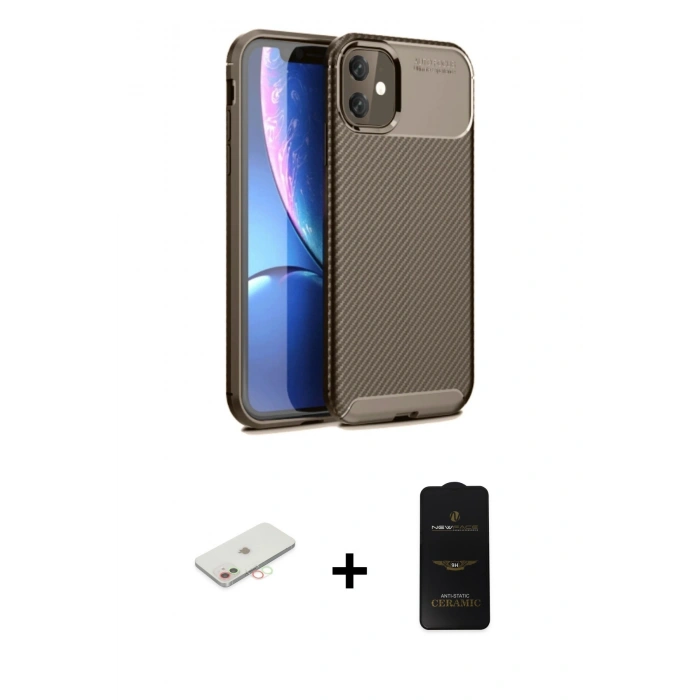 MARSİLYAN™- iPhone 11 Kılıf Eksen Form Prime - Siyah 6D Antistatik Mat Seramik Hayalet Nano Ekran Koruyucu + Renkli Kamera Lens Koruma Cam - YL