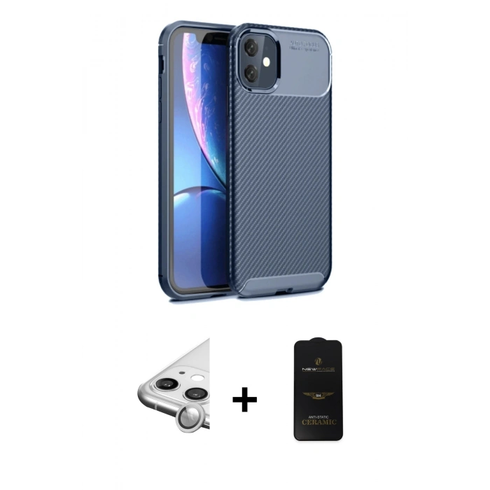 MARSİLYAN™- iPhone 11 Kılıf Eksen Form Prime - Siyah 6D Antistatik Mat Seramik Hayalet Nano Ekran Koruyucu + Raze Metal Kamera Lens - GS