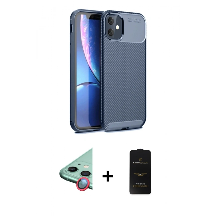 MARSİLYAN™- iPhone 11 Kılıf Eksen Form Prime - Siyah 6D Antistatik Mat Seramik Hayalet Nano Ekran Koruyucu + Raze Metal Kamera Lens - KI