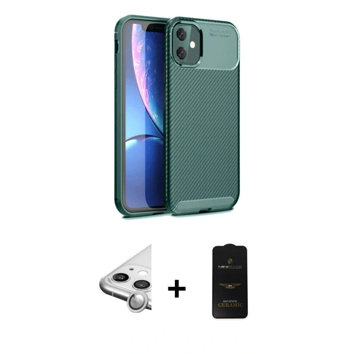 MARSİLYAN™- iPhone 11 Kılıf Eksen Form Prime - Siyah 6D Antistatik Mat Seramik Hayalet Nano Ekran Koruyucu + Raze Metal Kamera Lens - GS