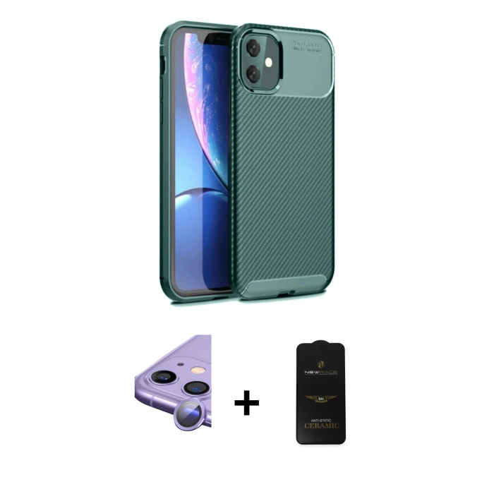 MARSİLYAN™- iPhone 11 Kılıf Eksen Form Prime - Siyah 6D Antistatik Mat Seramik Hayalet Nano Ekran Koruyucu + Raze Metal Kamera Lens - MR