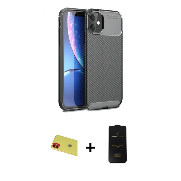 MARSİLYAN™- iPhone 11 Kılıf Eksen Form Prime - Siyah 6D Antistatik Mat Seramik Hayalet Nano Ekran Koruyucu + Rainbow Kamera Lens Koruma Cam - KI