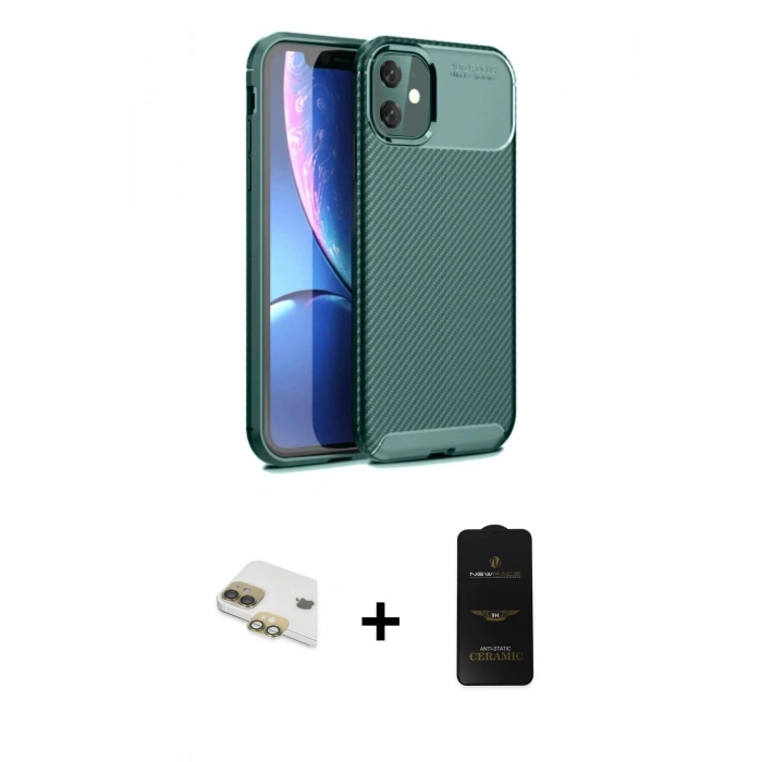 MARSİLYAN™- iPhone 11 Kılıf Eksen Form Prime - Siyah 6D Antistatik Mat Seramik Hayalet Nano Ekran Koruyucu + Pers Alüminyum Kamera Lens - GD