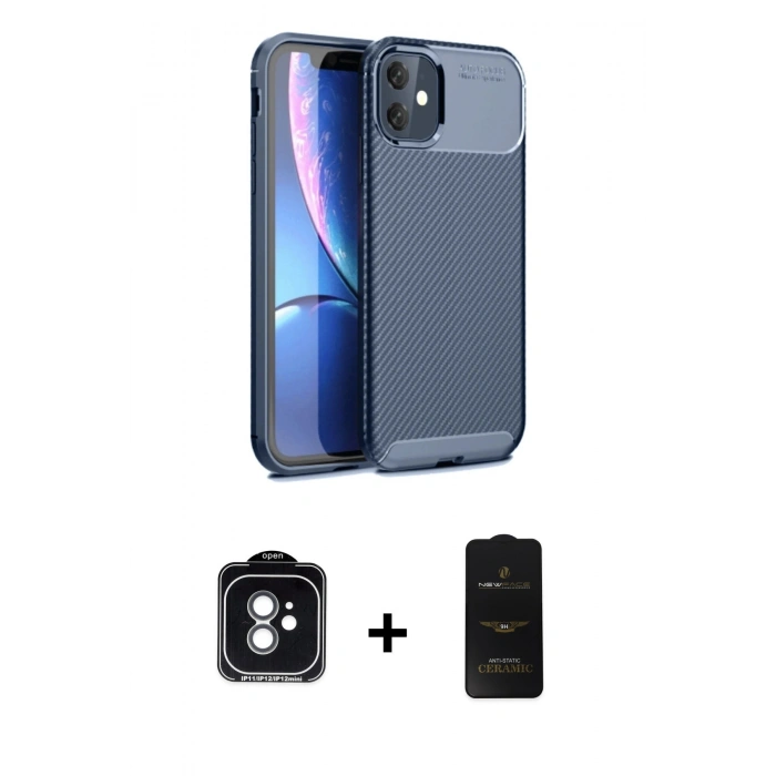 MARSİLYAN™- iPhone 11 Kılıf Eksen Form Prime - Siyah 6D Antistatik Mat Seramik Hayalet Nano Ekran Koruyucu + PVD Metal Kamera Lens - YL