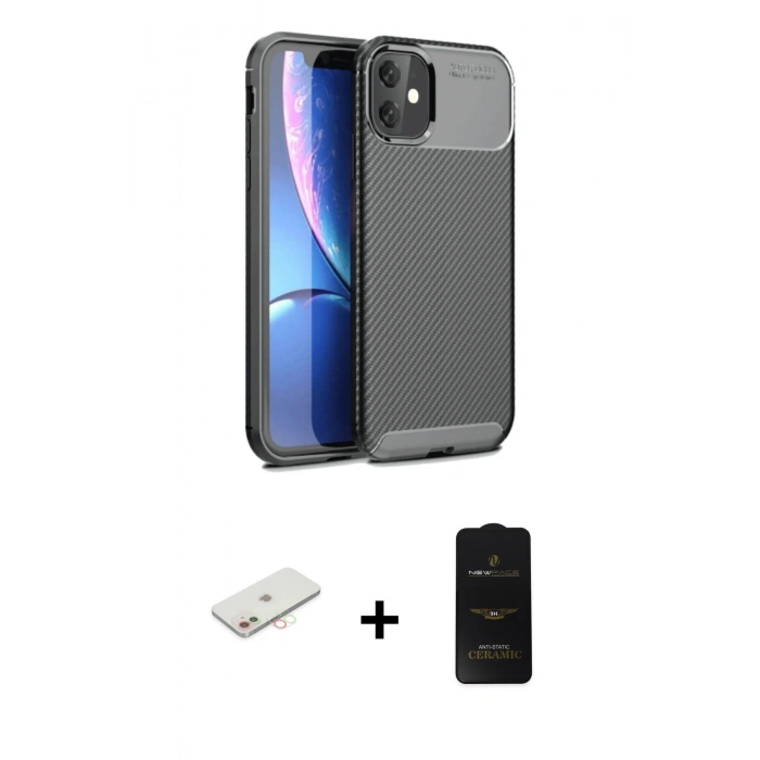 MARSİLYAN™- iPhone 11 Kılıf Eksen Form Prime - Siyah 6D Antistatik Mat Seramik Hayalet Nano Ekran Koruyucu + Renkli Kamera Lens Koruma Cam - YL