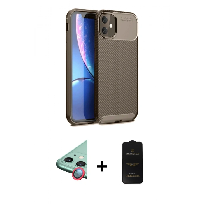 MARSİLYAN™- iPhone 11 Kılıf Eksen Form Prime - Siyah 6D Antistatik Mat Seramik Hayalet Nano Ekran Koruyucu + Raze Metal Kamera Lens - KI