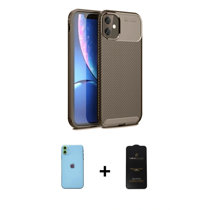 MARSİLYAN™- iPhone 11 Kılıf Eksen Form Prime - Siyah 6D Antistatik Mat Seramik Hayalet Nano Ekran Koruyucu + Neon Fosforlu Kamera Lens - YL